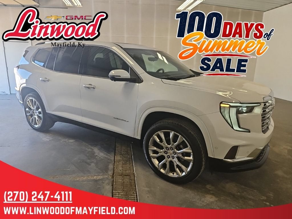 2026 GMC Acadia Denali in Glacier White Tricoat — front three-quarter view