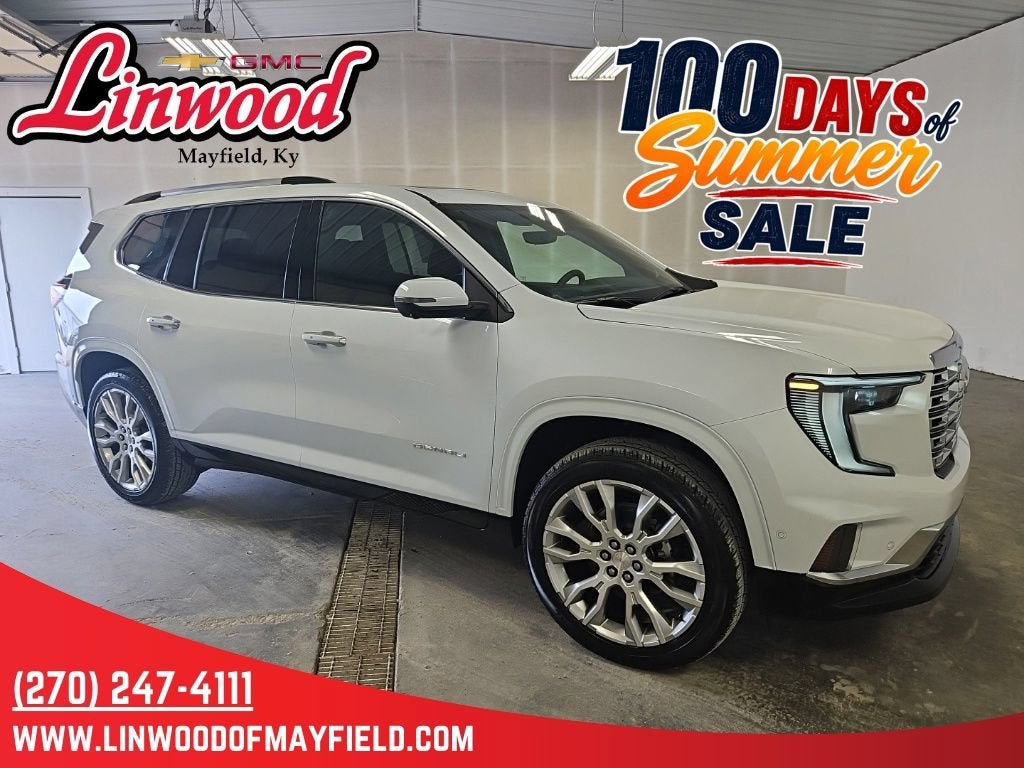 2026 GMC Acadia Denali in Glacier White Tricoat — front three-quarter view