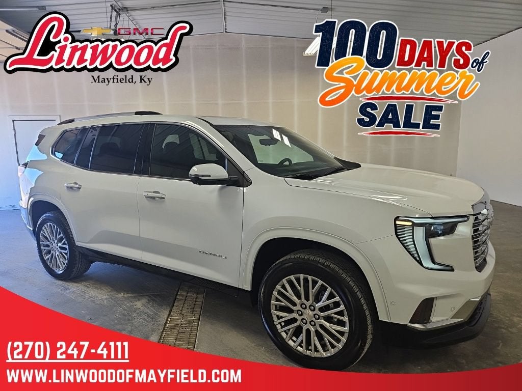 2026 GMC Acadia Denali in Glacier White Tricoat — front three-quarter view