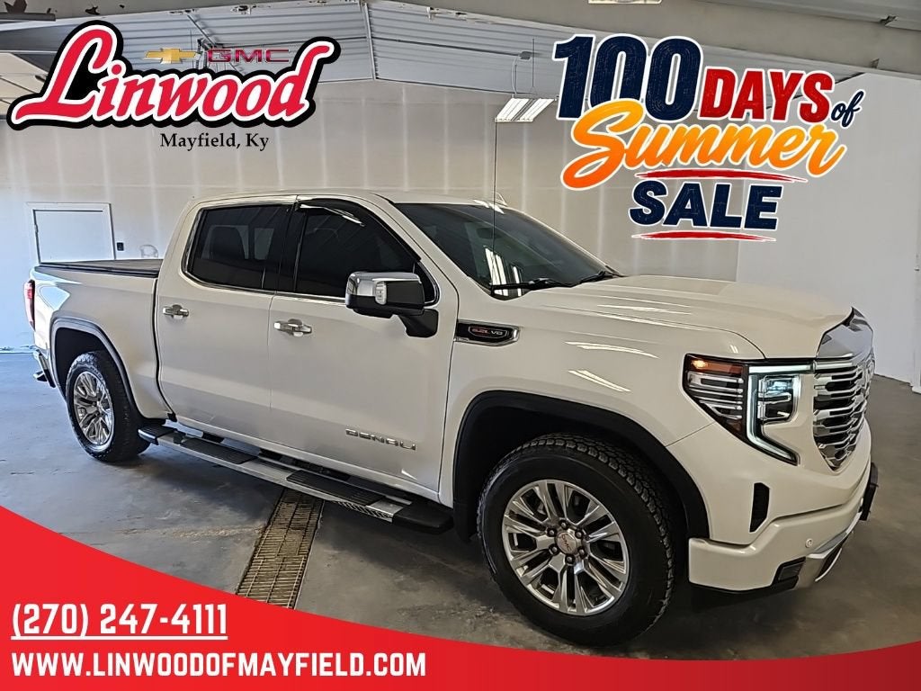 2023 GMC Sierra 1500 Denali in White Frost Tricoat — front three-quarter view